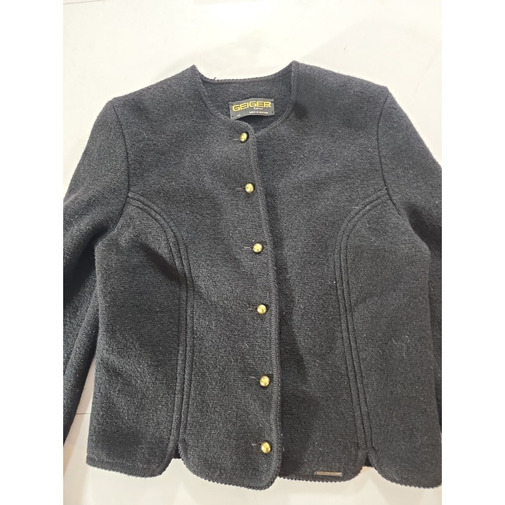 VTG Geiger of Austria Black Boiled Wool Jacket Cardigan Gold Button Women Sz 40